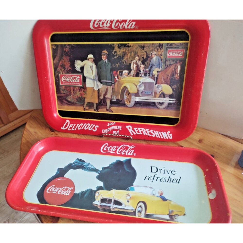 Two Vintage Coca Cola Trays "Drive Refreshed" & "Touring Car" 1990
